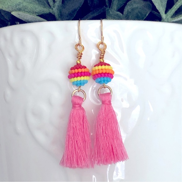New Rainbow Bead Pink Tassel Fringe Fun Dangle Drop Handmade Boho Chic Earrings - Picture 1 of 6